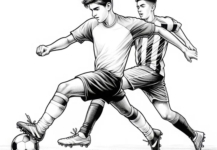 Futbolista dribla el balón pasando junto al oponente - Imagen para colorear gratuita