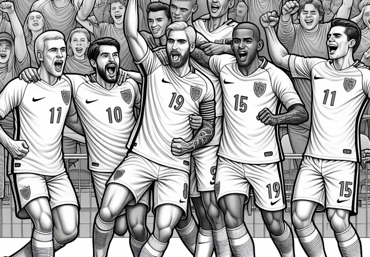 El equipo de jugadores celebra tras el éxito en el fútbol – Dibujo para colorear detallado gratis