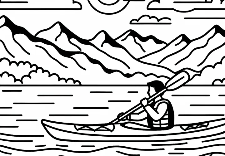 Kayaker paddles across a calm lake with mountains in the background - Free coloring page