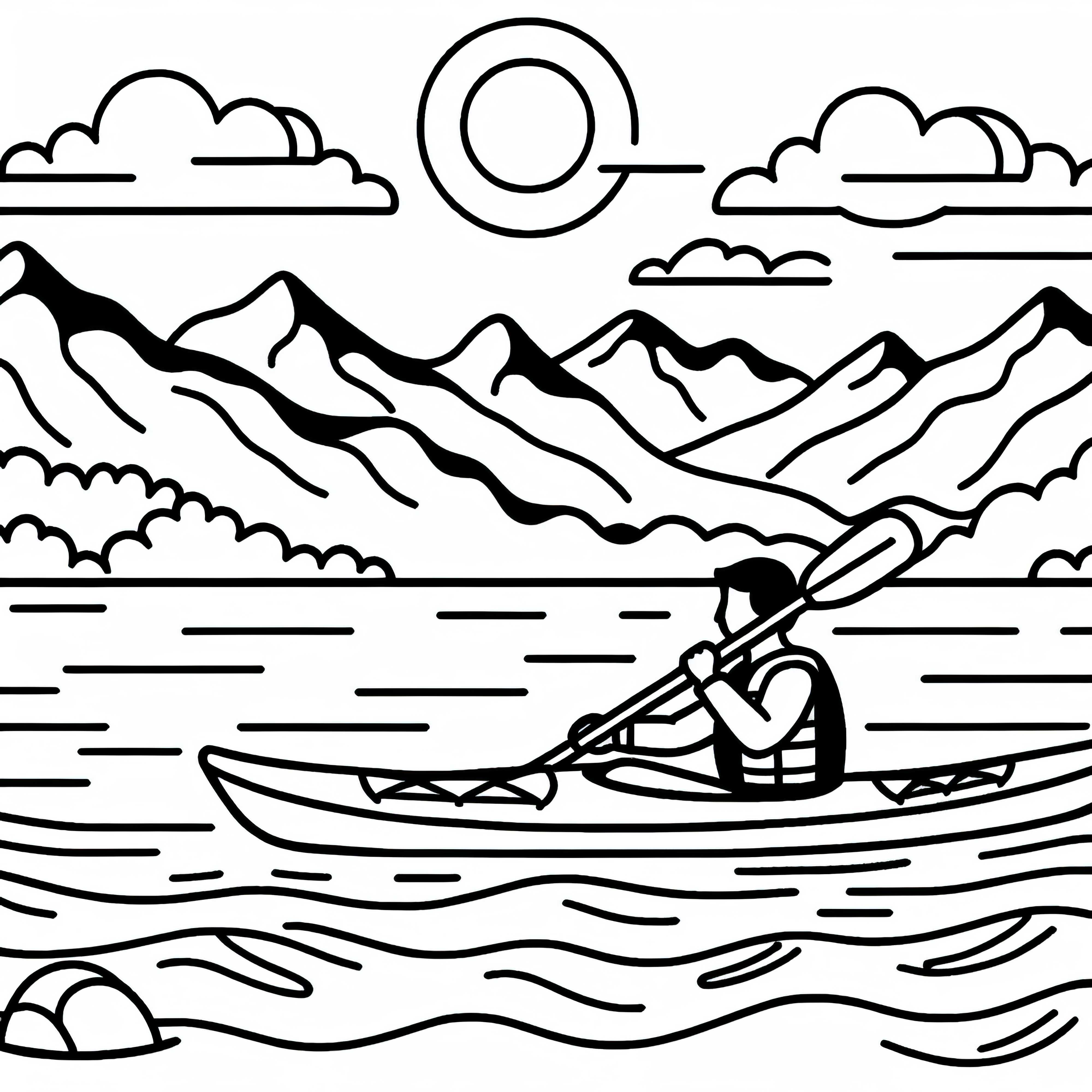 Kayaker paddles across a calm lake with mountains in the background – Free coloring page