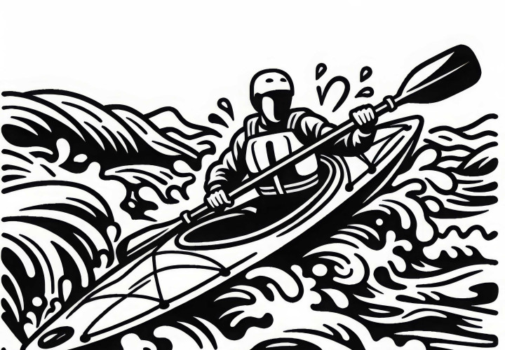 Whitewater kayaker navigates through strong rapids – Free coloring page Whitewater kayaker navigates through strong rapids - Free coloring page