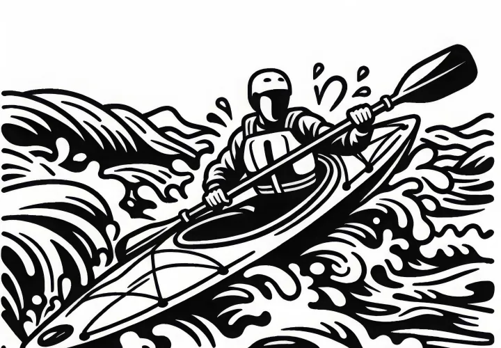 Whitewater kayaker navigates through strong rapids - Free coloring page