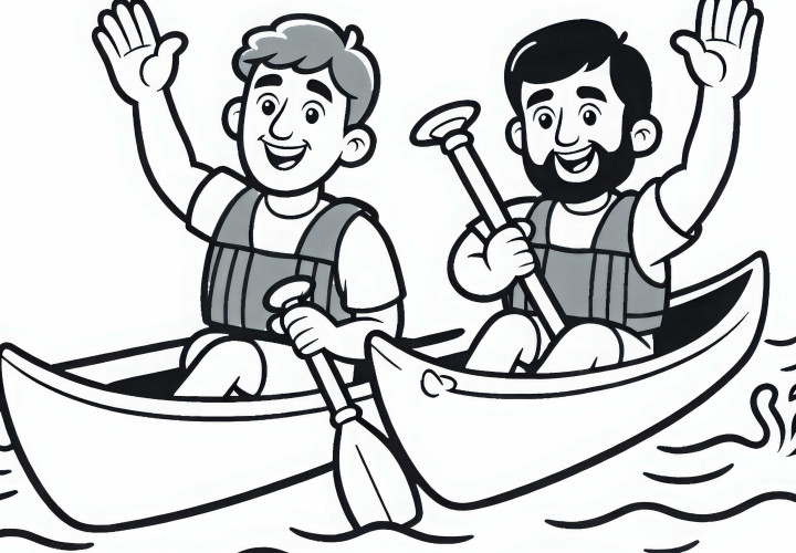 Two kayakers are paddling side by side – Coloring page simple free Two kayakers are paddling side by side - Coloring page simple and free