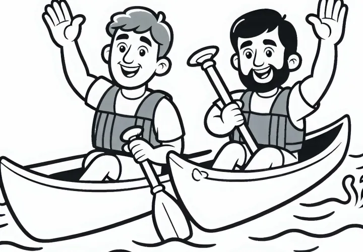 Two kayakers are paddling side by side - Coloring page simple and free