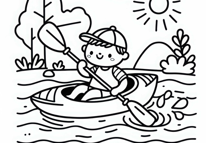 Child sits in kayak, practicing paddling in shallow water – free coloring template Child sitting in a kayak, practicing paddling in shallow water - free coloring page