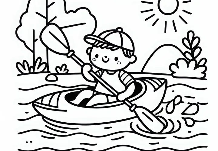 Child sitting in a kayak, practicing paddling in shallow water - free coloring page