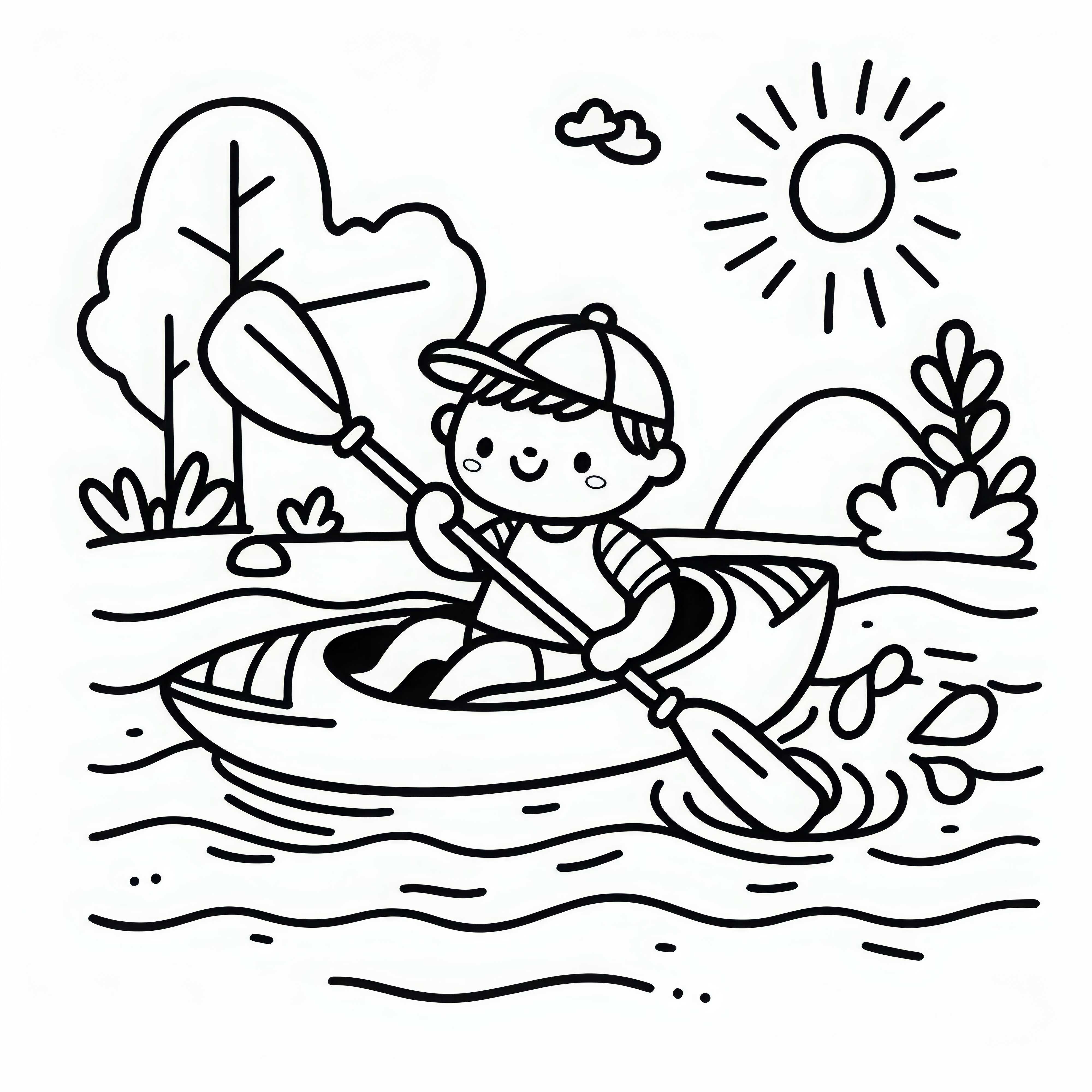 Child sits in a kayak, practicing paddling in shallow water – free coloring page