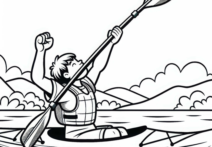 Kayaker raises his paddle in the air to celebrate success - free coloring page Kayaker raises his paddle in the air to celebrate success - Free coloring page