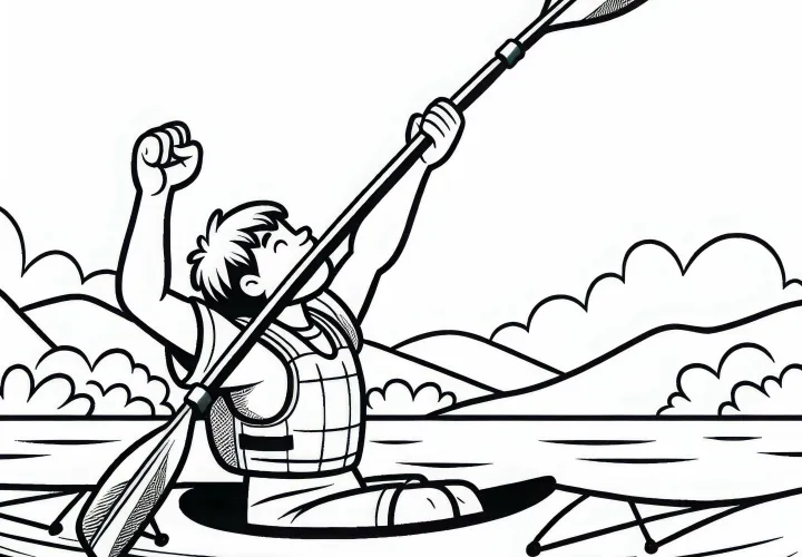 Kayaker raises his paddle in the air to celebrate success - Free coloring page