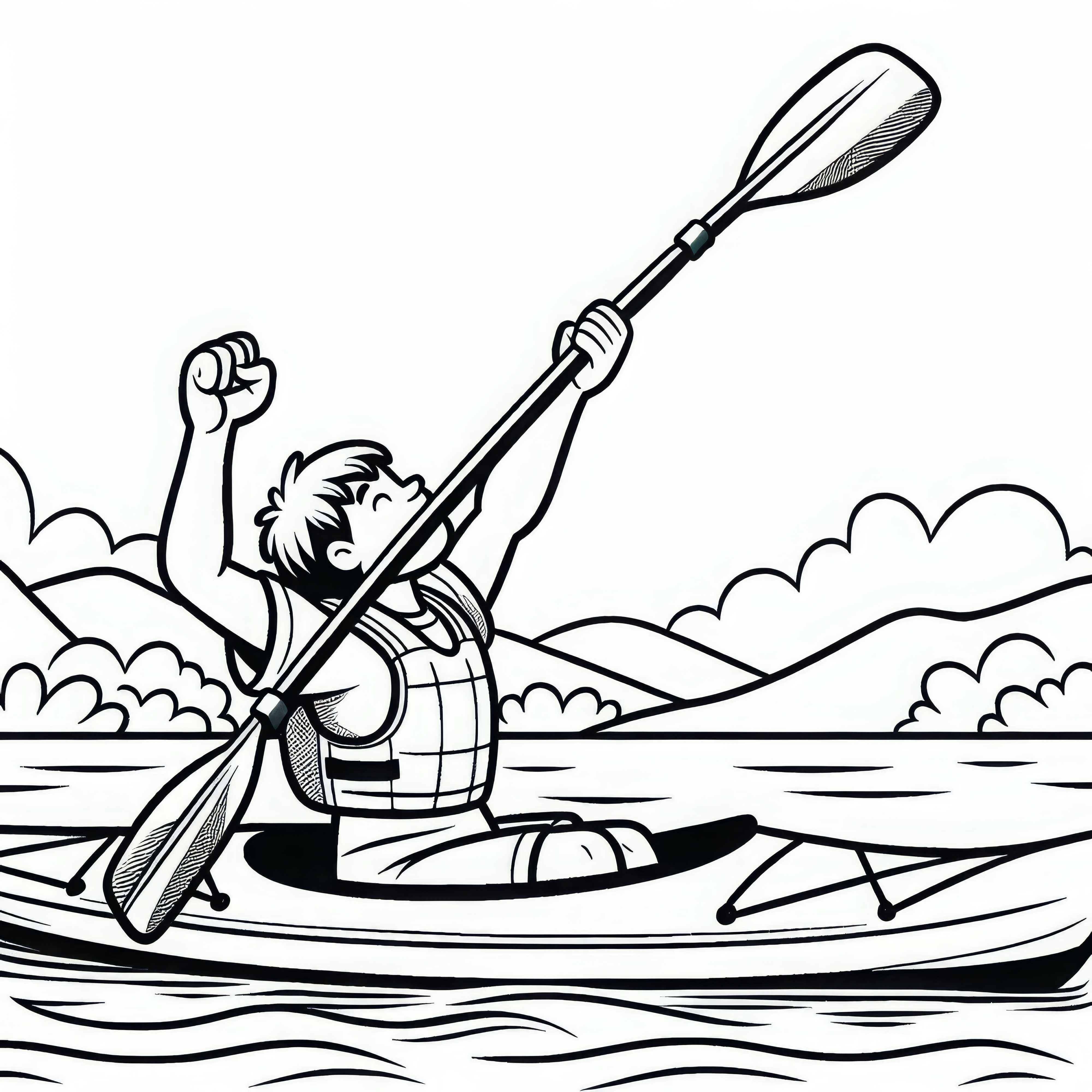 Kayaker lifts his paddle in the air to celebrate success - Free coloring picture