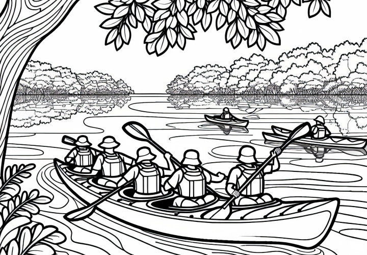 Group of kayakers is touring together through nature – Free coloring page Group of kayakers going on a tour through nature – Free coloring page
