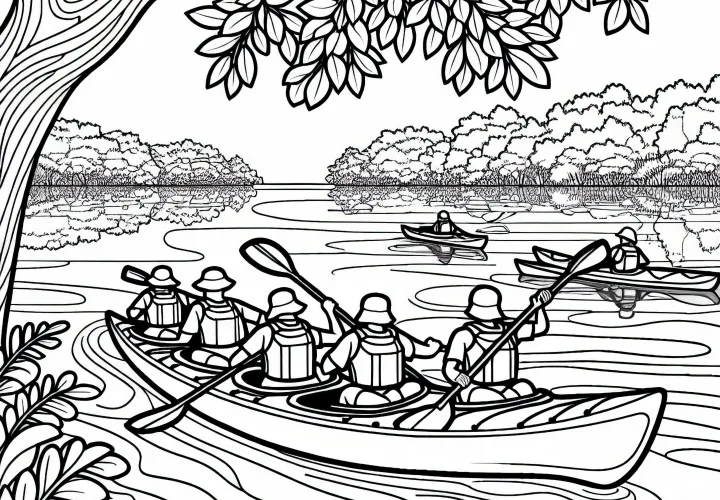 Group of kayakers going on a tour through nature – Free coloring page