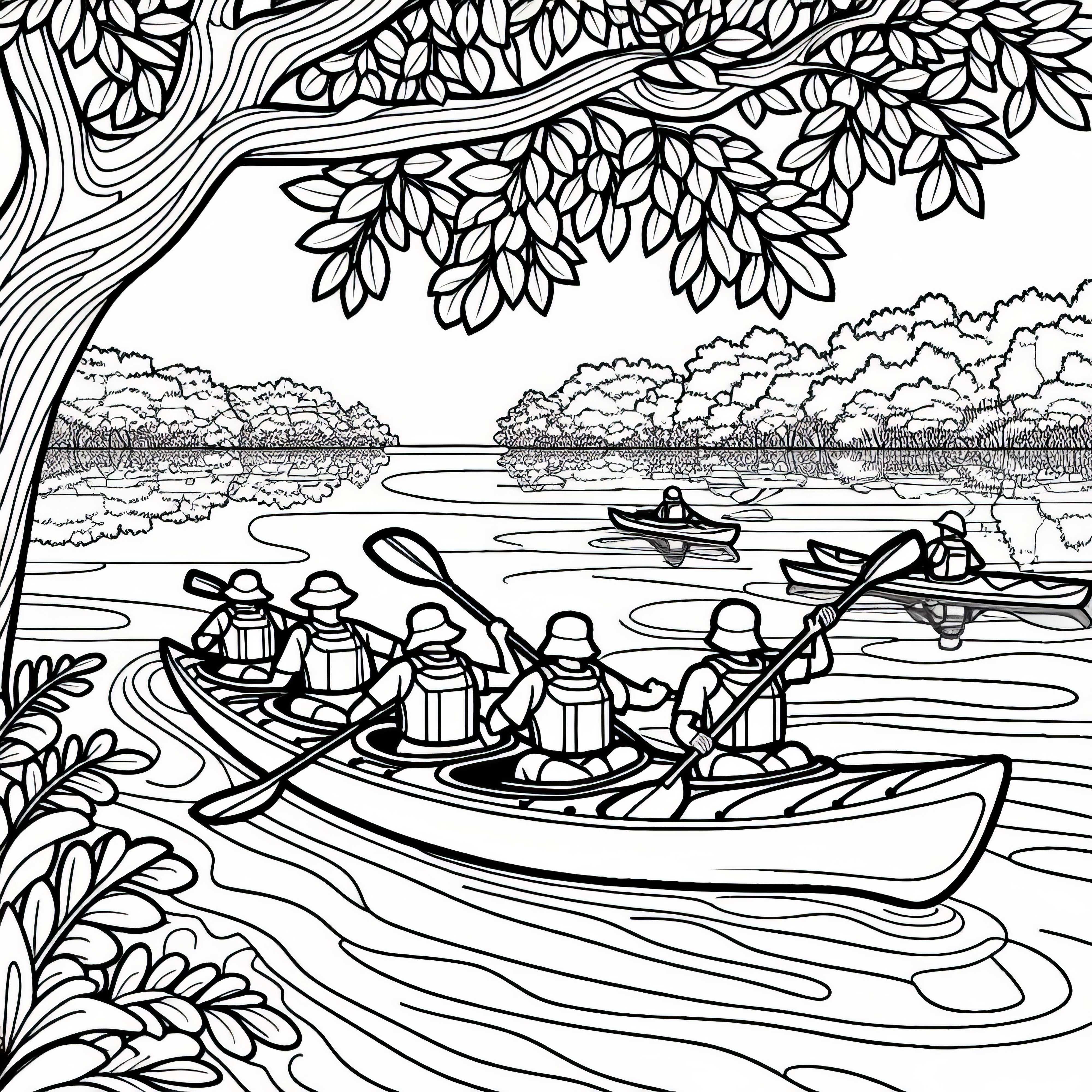 Group of kayakers is touring together through nature – Free coloring page