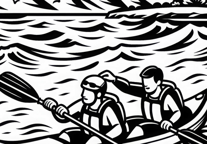 Kayakers help each other in a difficult spot in the water – Free coloring page Kayakers help each other in a difficult spot in the water – free coloring page