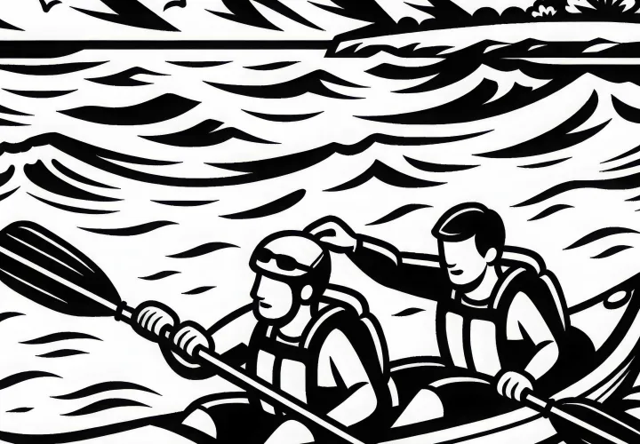 Kayakers help each other in a difficult spot in the water – free coloring page