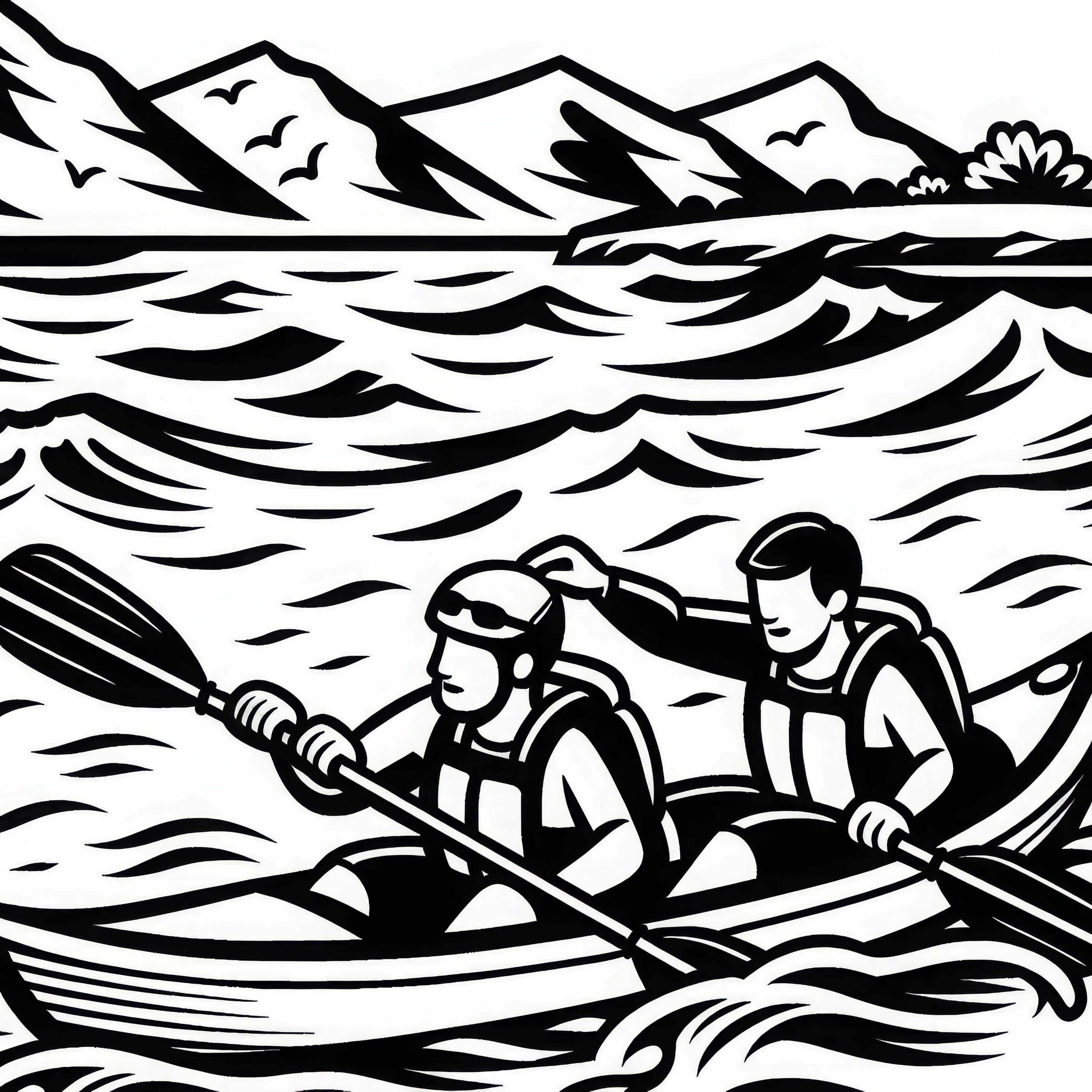 Kayakers help each other at a difficult spot in the water – free coloring page