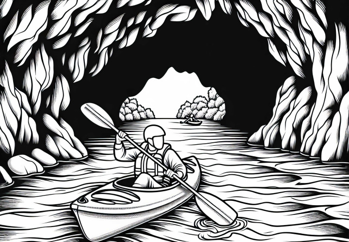 Kayaker navigates carefully through cave - free coloring page Kayaker navigates carefully through cave – free coloring page