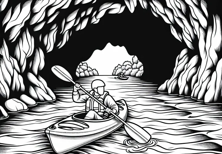 Kayaker navigates carefully through cave – free coloring page
