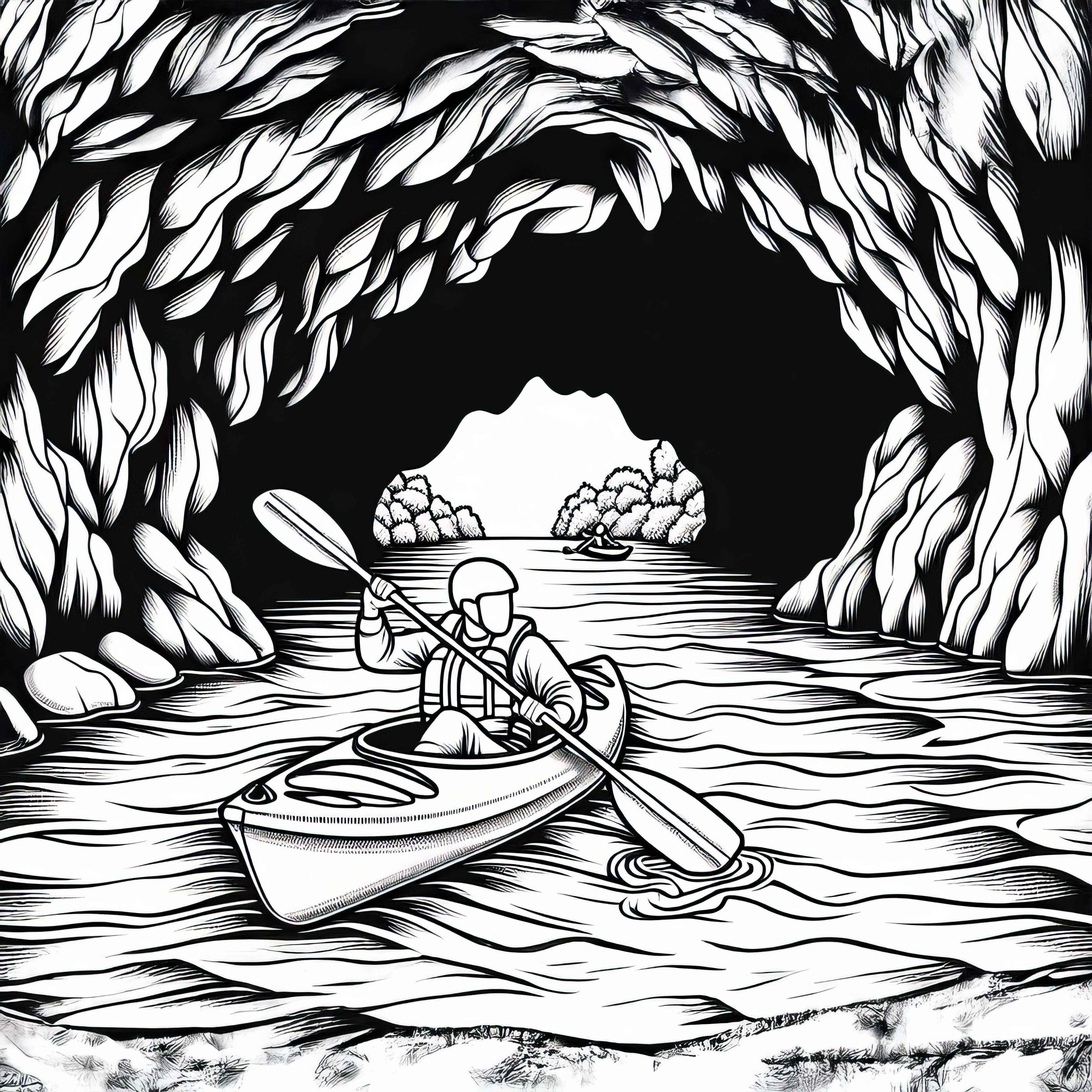 Kayaker navigates carefully through cave – Free coloring page