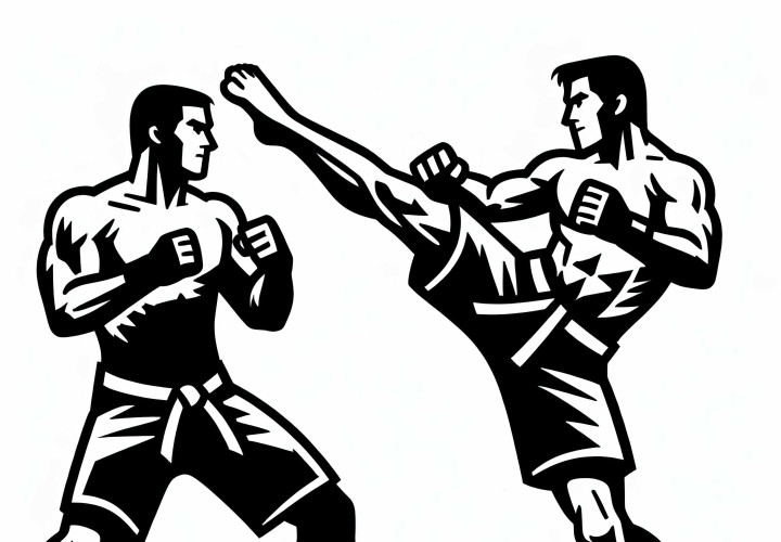 Lutador executa chute alto nas artes marciais - imagem para colorir gratuita Lutador executa um chute alto nas artes marciais – Imagem para colorir gratuita