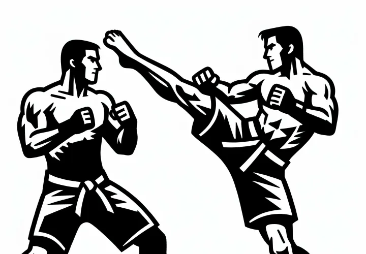 Fighter performs a high kick in martial arts - coloring page free