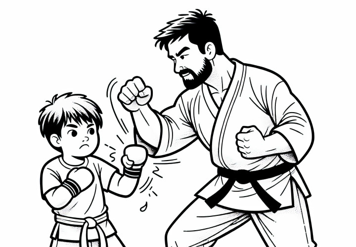 Treinador de artes marciais ensina aos alunos uma nova técnica de golpe - Desenho para colorir grátis Treinador de artes marciais ensina aos alunos nova técnica de soco – desenho para colorir grátis