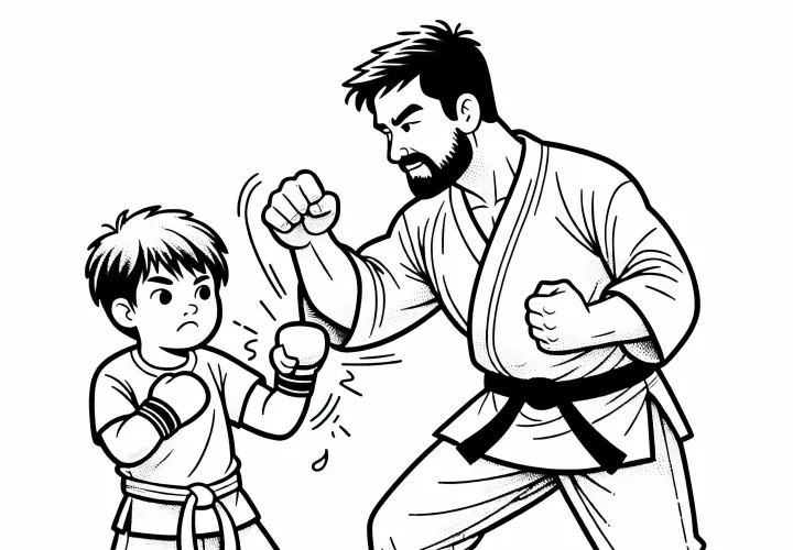 Martial arts trainer shows students a new striking technique - Free coloring page