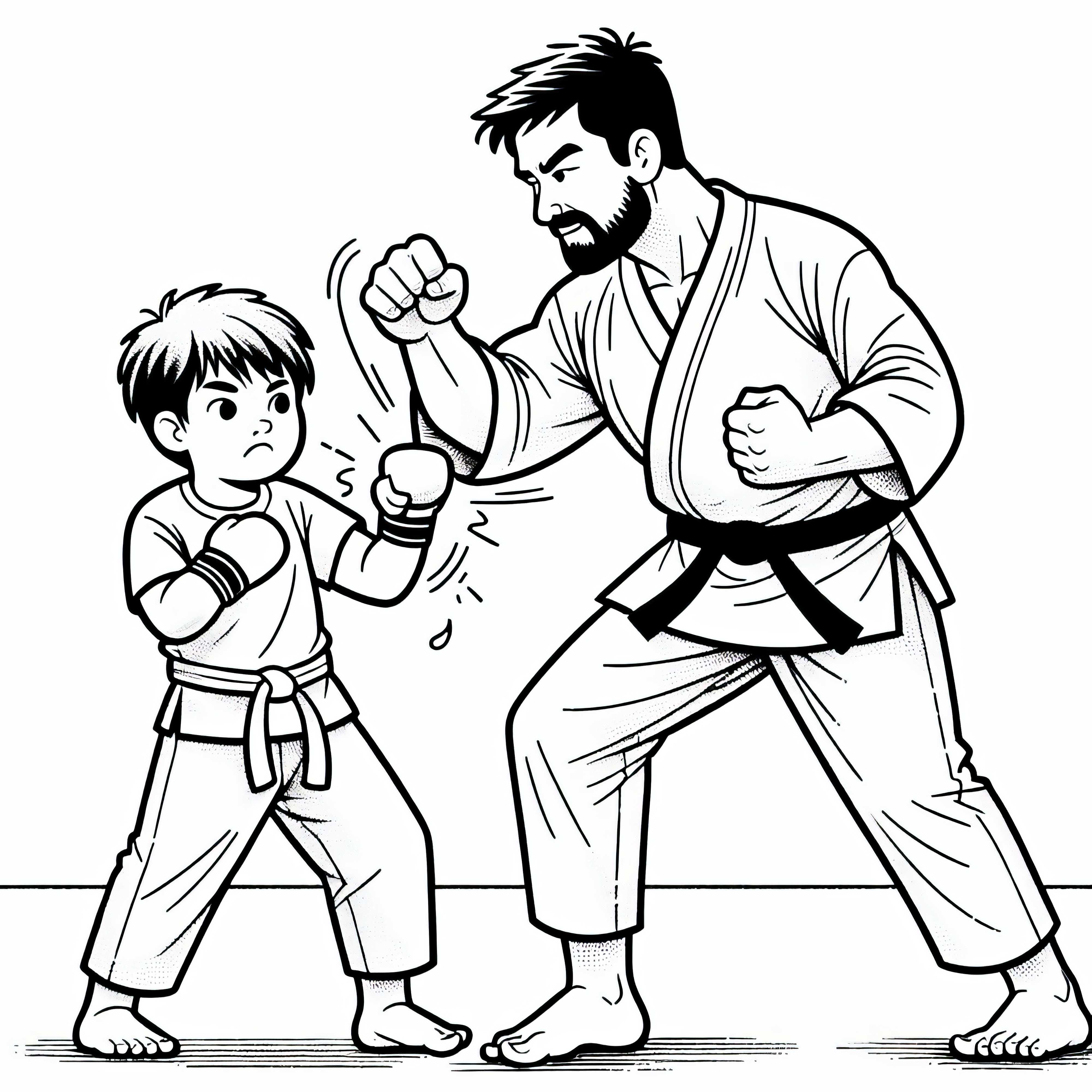 Treinador de artes marciais mostra aos alunos nova técnica de golpe - Desenho para colorir grátis