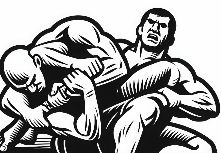 Dois lutadores lutam pelo controle nas artes marciais: Desenho para colorir gratuito Dois lutadores lutam pelo controle no esporte de combate: Modelo para colorir gratuito