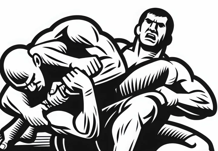 Two fighters wrestle for control in combat sports: Free coloring page