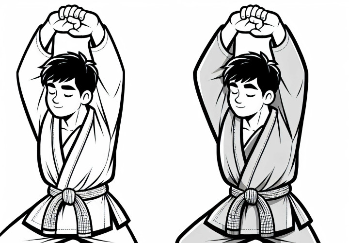 Os lutadores se aquecem para as artes marciais com exercícios de alongamento - Imagem para colorir gratuita Lutadores se aquecem para artes marciais com exercícios de alongamento - Desenho para colorir grátis