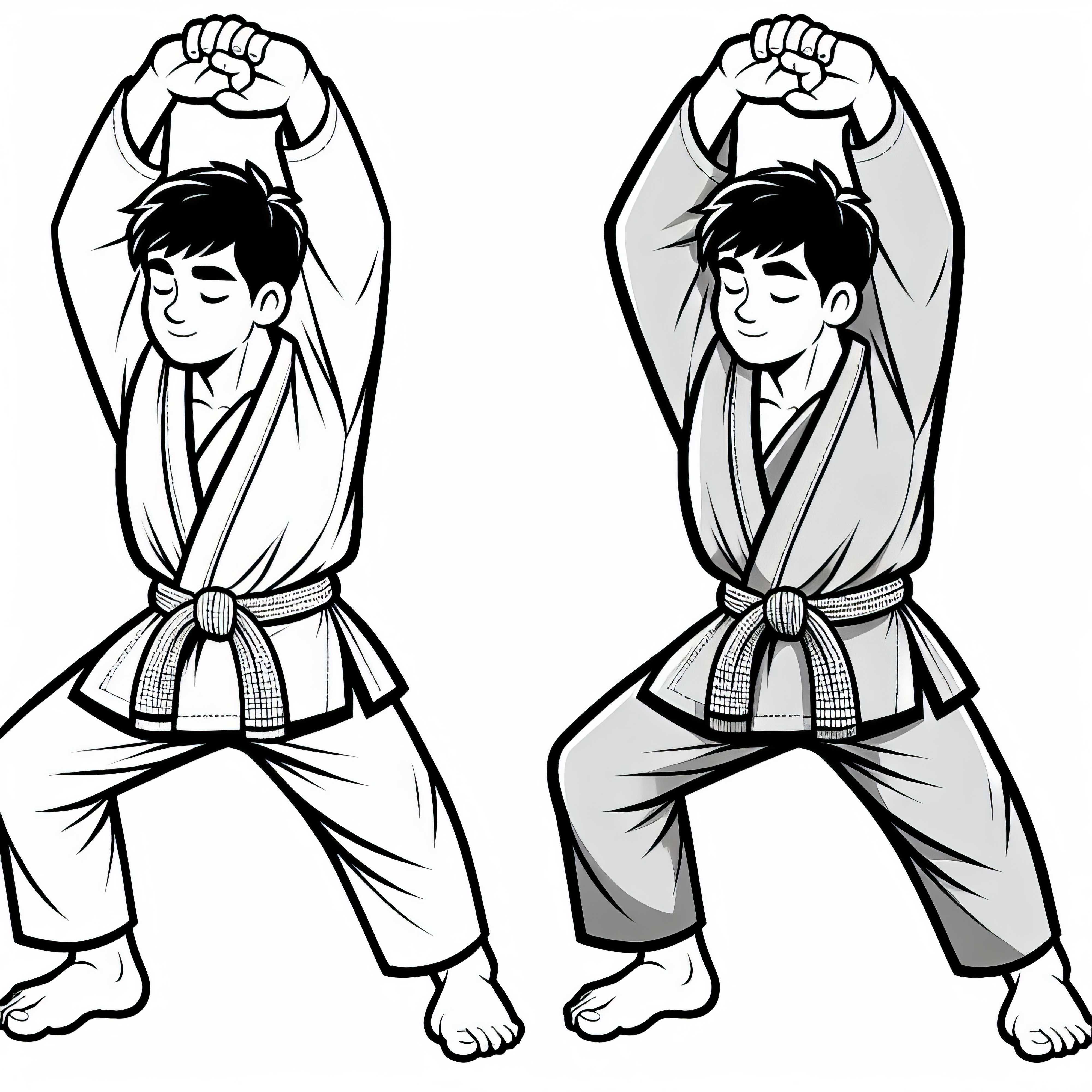 Lutadores se aquecem para artes marciais com exercícios de alongamento - Desenho para colorir grátis