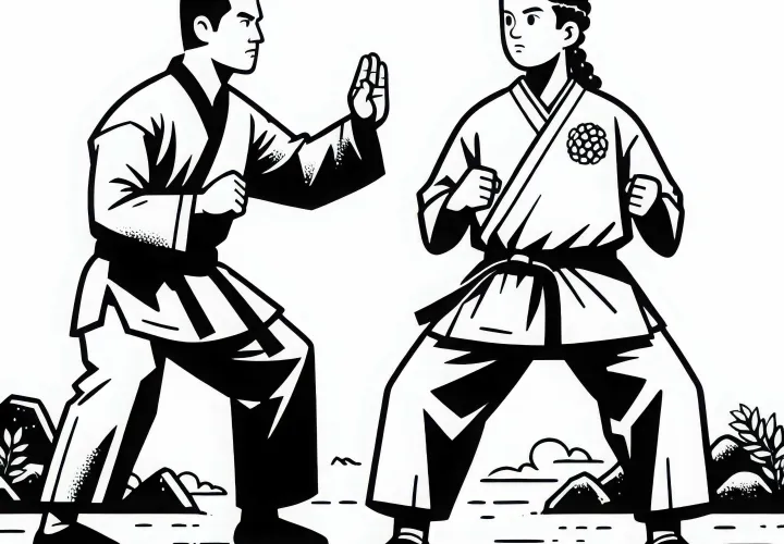 Martial artists stand concentrated in fighting stance - Free coloring page