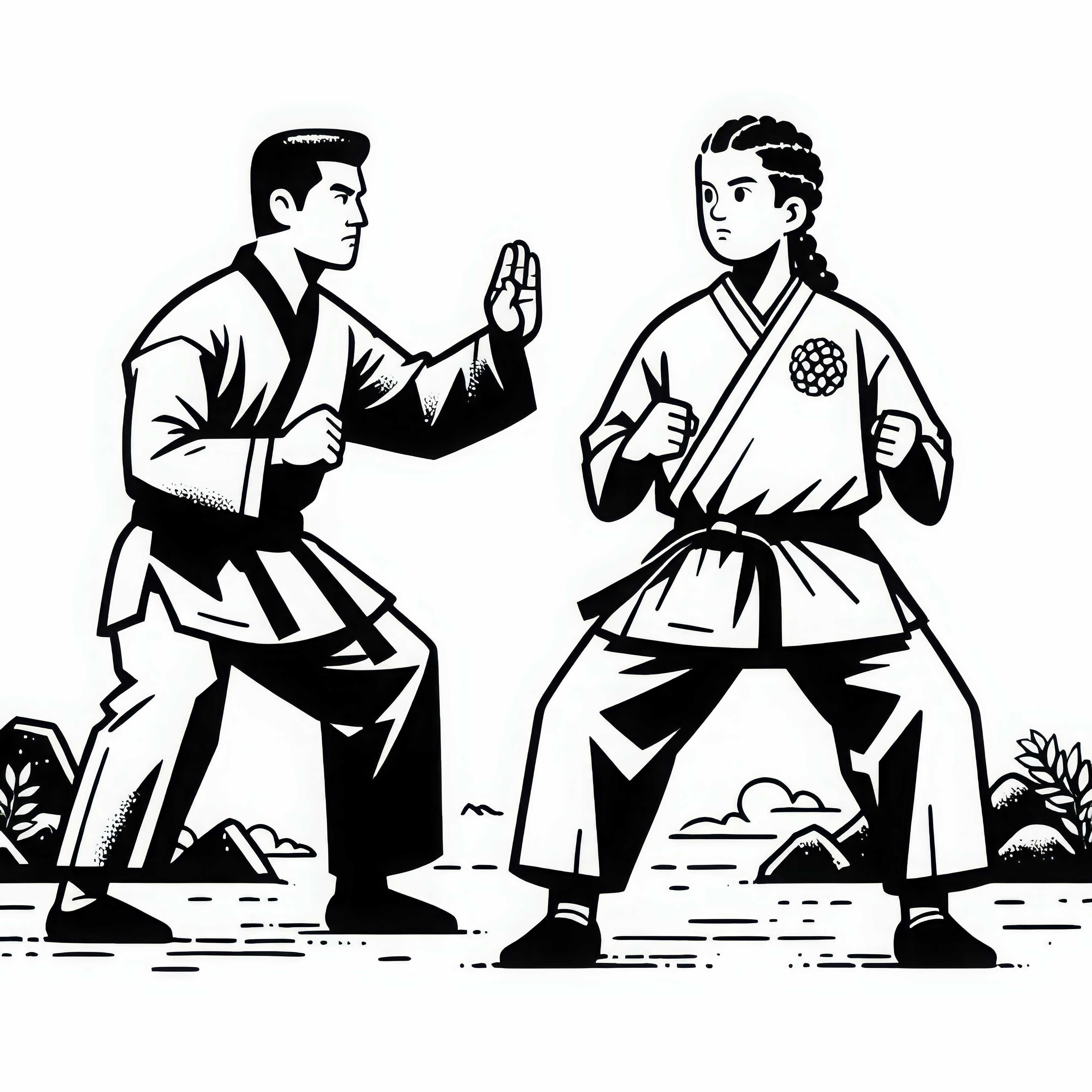 Atletas de artes marciais estão concentrados em posição de combate – Imagem para colorir gratuita
