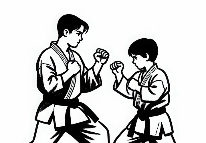 Two karate fighters face each other in fighting stance – Coloring page free