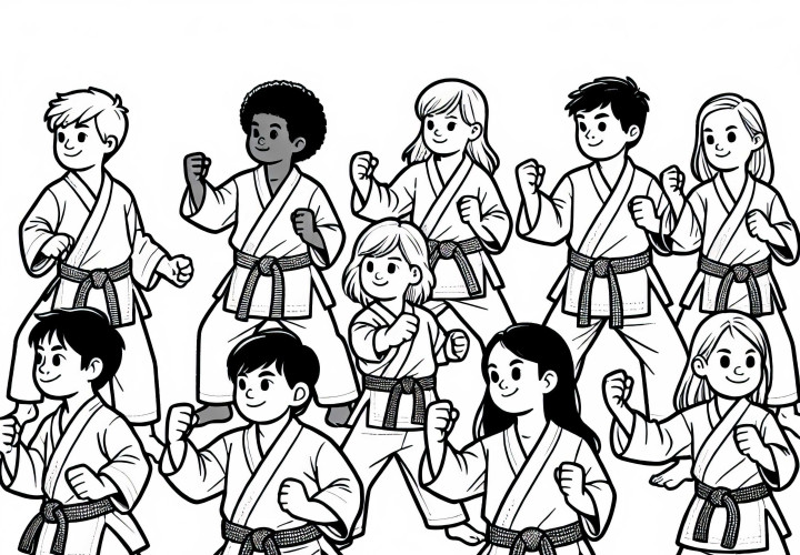 Gruppe von Karateka macht gemeinsam eine Kata – Bewegungsform als Ausmalbild gratis Gruppe von Karateka macht gemeinsam eine Kata – Bewegungsform als Ausmalbild gratis