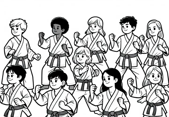 Group of karate practitioners performs a kata together – movement form as a coloring page for free
