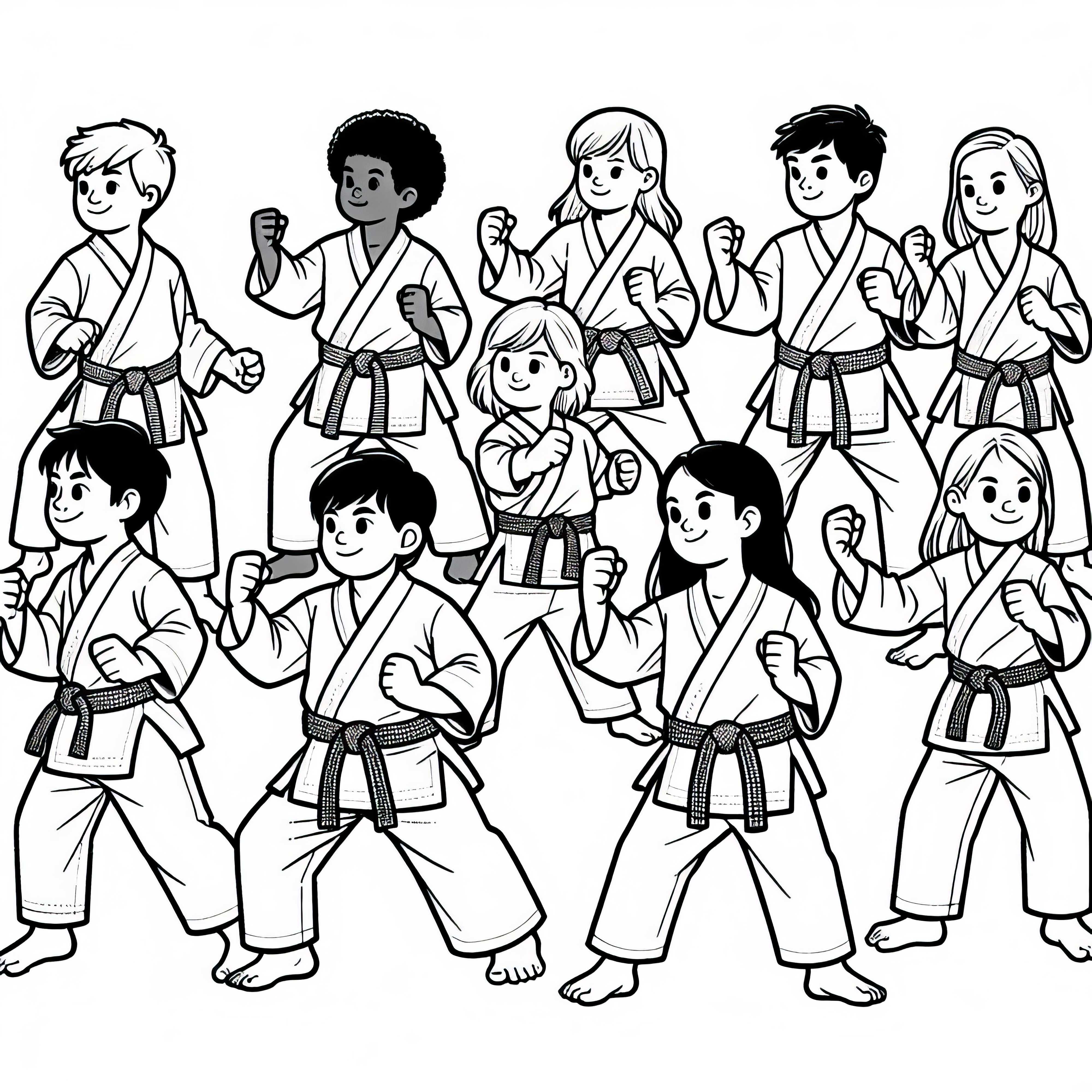Gruppe von Karateka macht gemeinsam eine Kata – Bewegungsform als Ausmalbild gratis