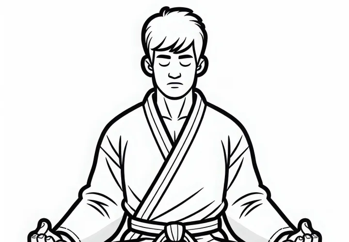 Karateka meditates in a cross-legged position before training – Free coloring page