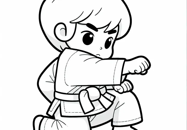 Child practices simple karate technique coloring template for free
