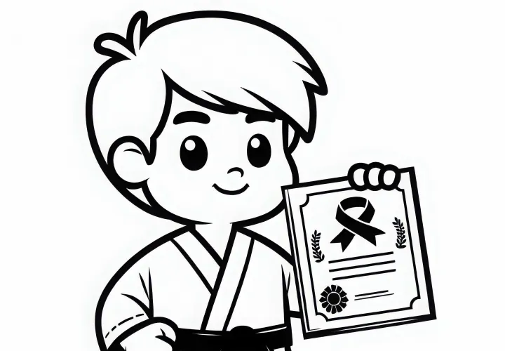 Black belt fighter proudly holds certificate after exam - free coloring page