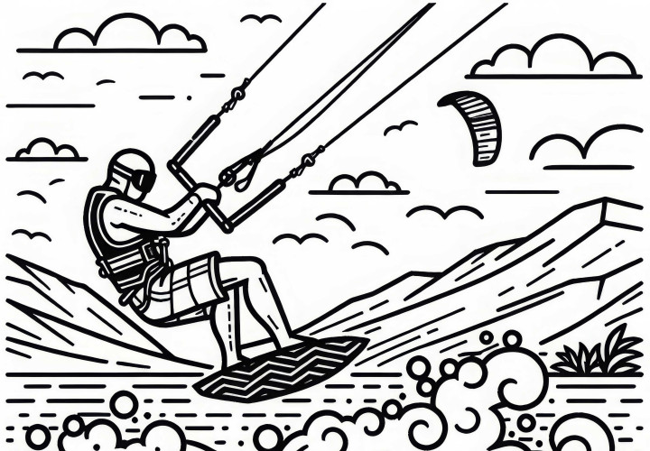 Peselancar layang membuat lompatan tinggi di atas ombak – Gambar mewarnai gratis Kitesurfer melakukan lompatan tinggi di atas ombak - Gambar untuk diwarnai gratis