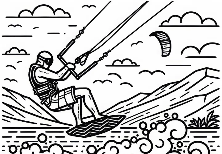 Kitesurfer makes a high jump over a wave - free coloring page