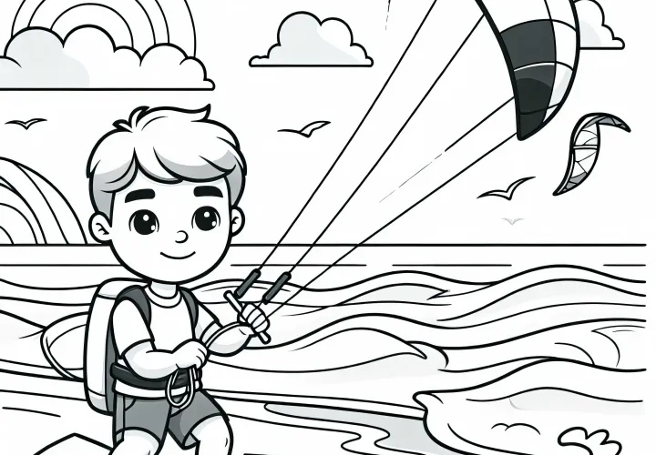 Beginner holds kite on the beach and learns to control it - Coloring page simple free