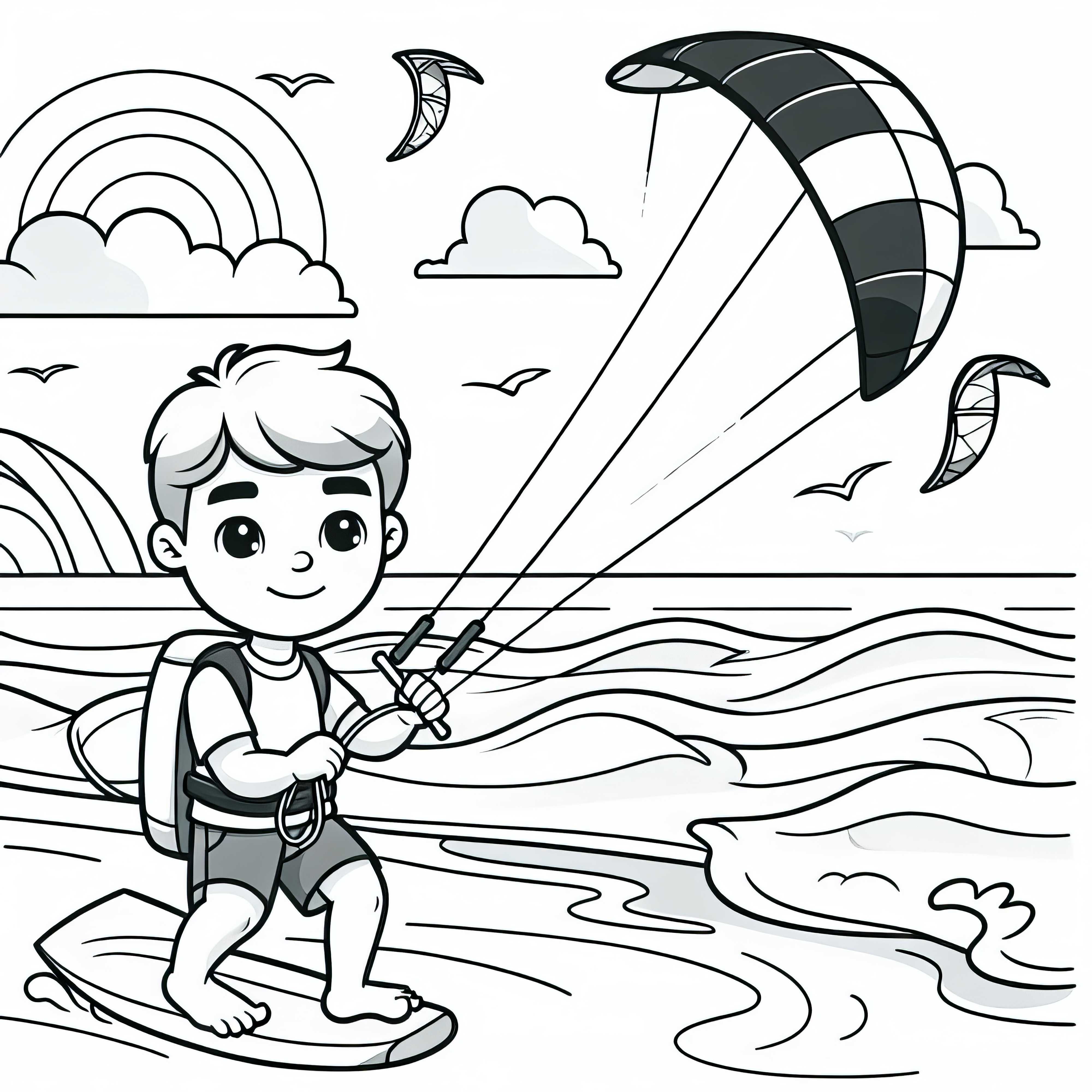 Pemula memegang layang-layang di pantai dan belajar mengendalikan – Template mewarnai simpel gratis