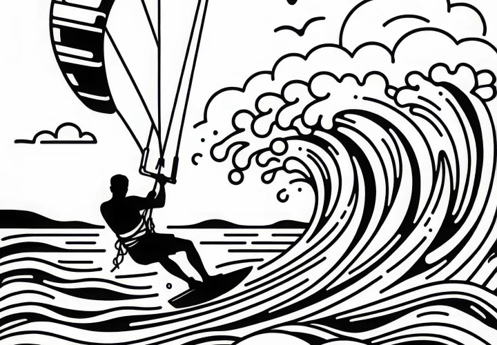 Kitesurfer riding a big wave - Free coloring page