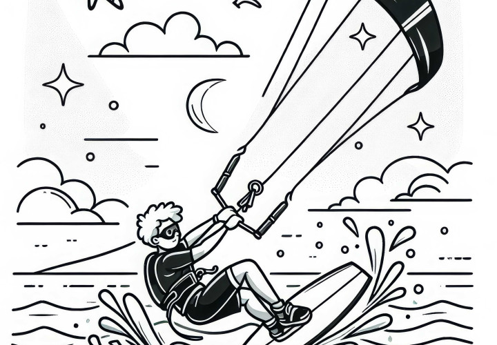 Kitesurfer mendarat dengan aman di air setelah melompat – Gambar mewarnai gratis Kitesurfer mendarat dengan aman di air setelah melompat - Gambar untuk diwarnai gratis