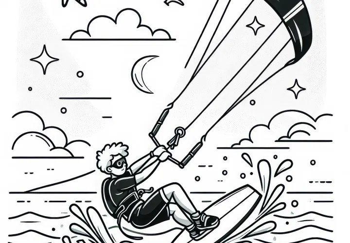 Kitesurfer safely lands on water after jump – Free coloring page