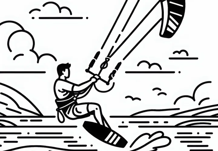 Kiteboarder rides at high speed over the water - free coloring page