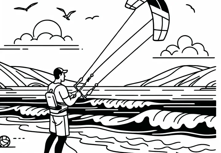 Athlete practices safe handling of a kite on the beach – Free coloring page